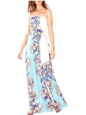 BCBGMaxAzria Strapless Floral Colorblock Maxi Dress in Blue and Cream